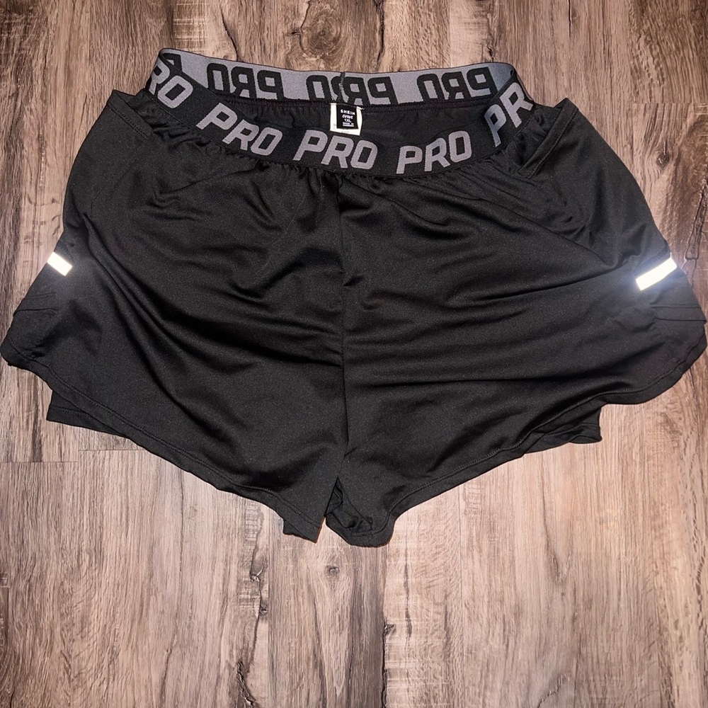 SHEIN Black Athletic Shorts with Gray 'PRO' Waistband